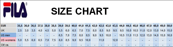 fila mens shoes size chart